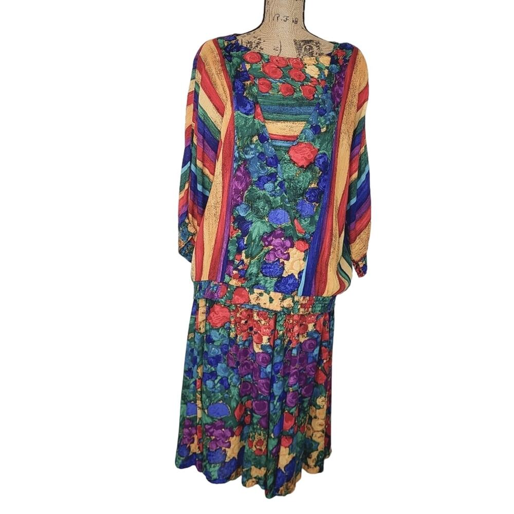 Vintage 80's Peter Popovitch Brightly Colored Floral Golden Girls Dress Set MD